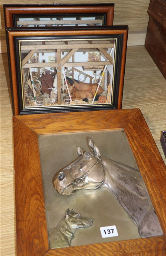 A pair of stable interior dioramas by Patrick Richard and a plated relief panel of a horse and dog in oak frame